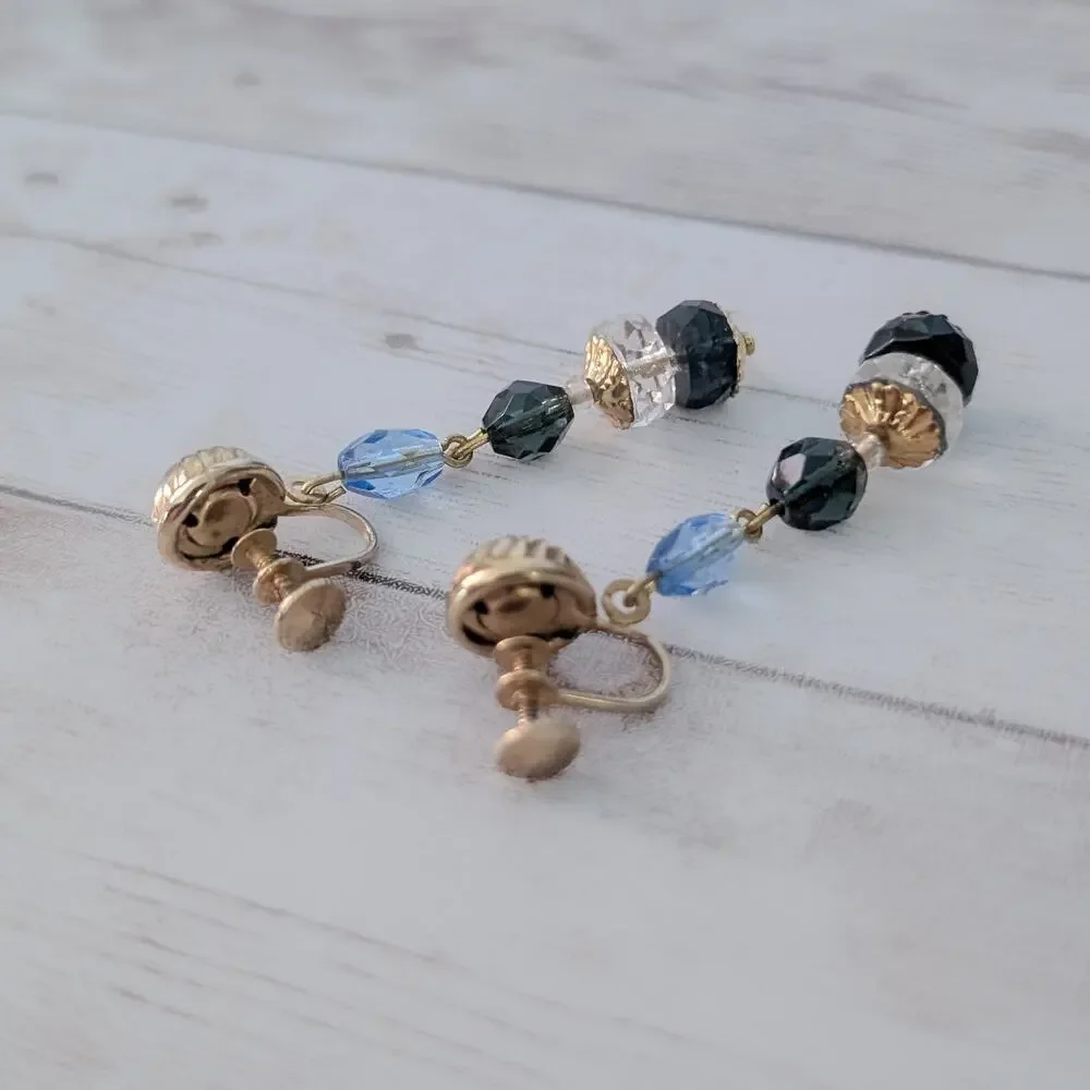 Vintage Screw Back Earrings Gold Tone, Blue. Black, Clear Long Dangle